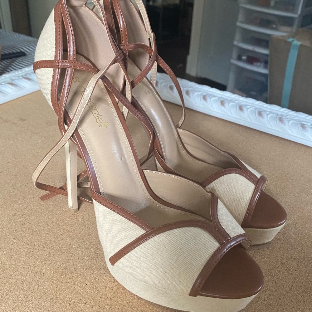 JustFab Cream and Brown Heels